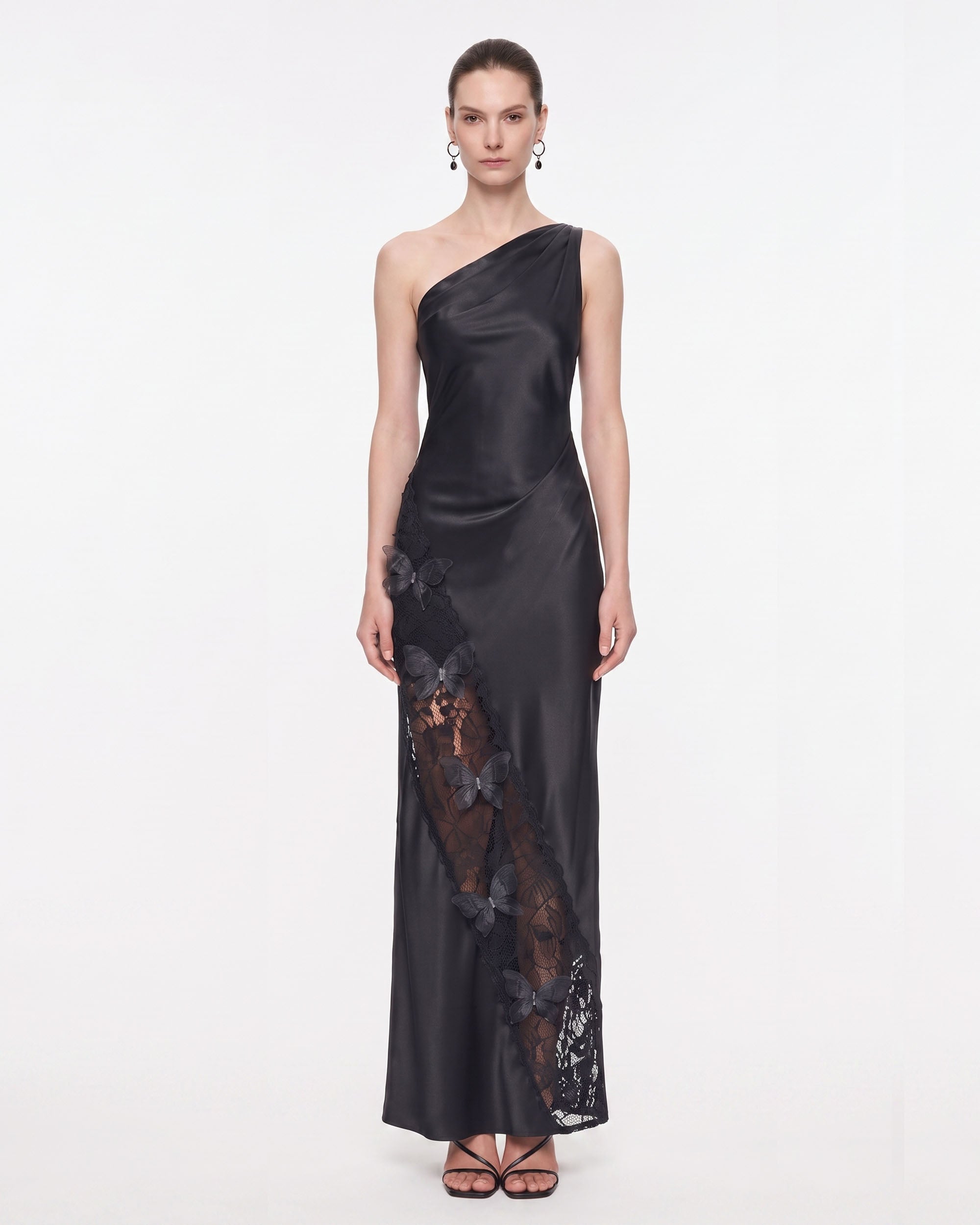 Lace Panel One-Shoulder Satin Maxi Dress - Black | JW PEI