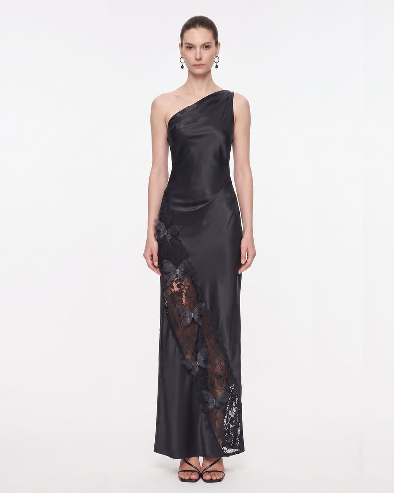 Lace Panel One-Shoulder Satin Maxi Dress - Black