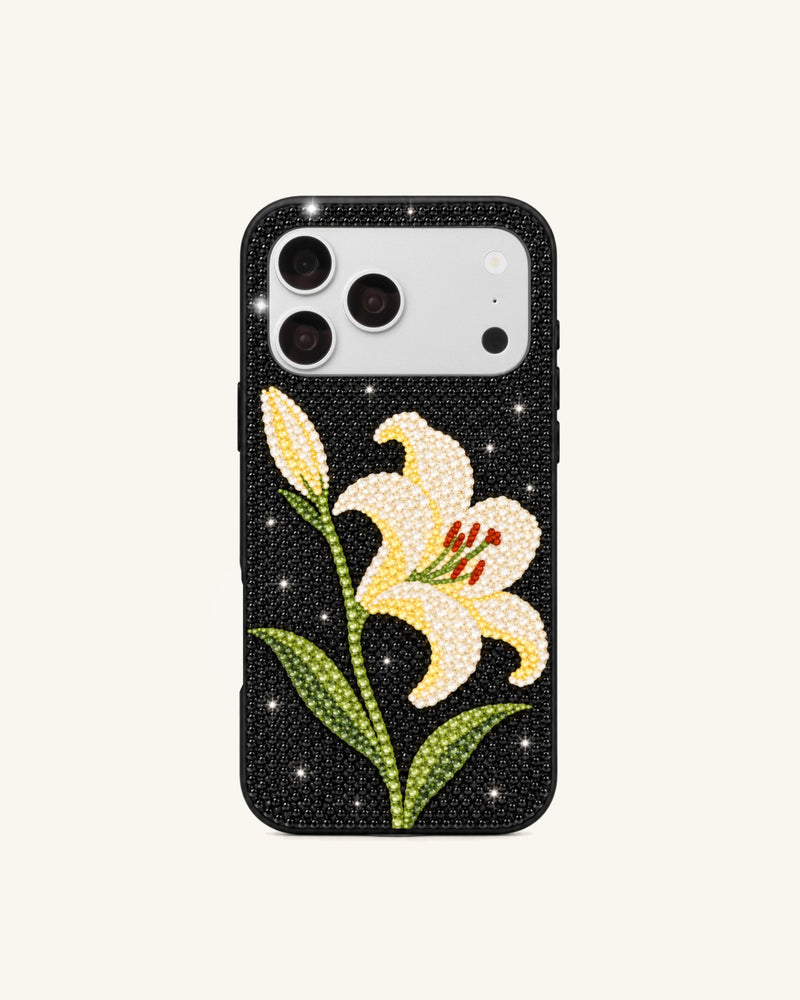 Artificial Crystal Lily Phone Case – Black