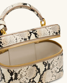 Cleo Snake-Embossed Box Shape Top Handle Bag - Beige