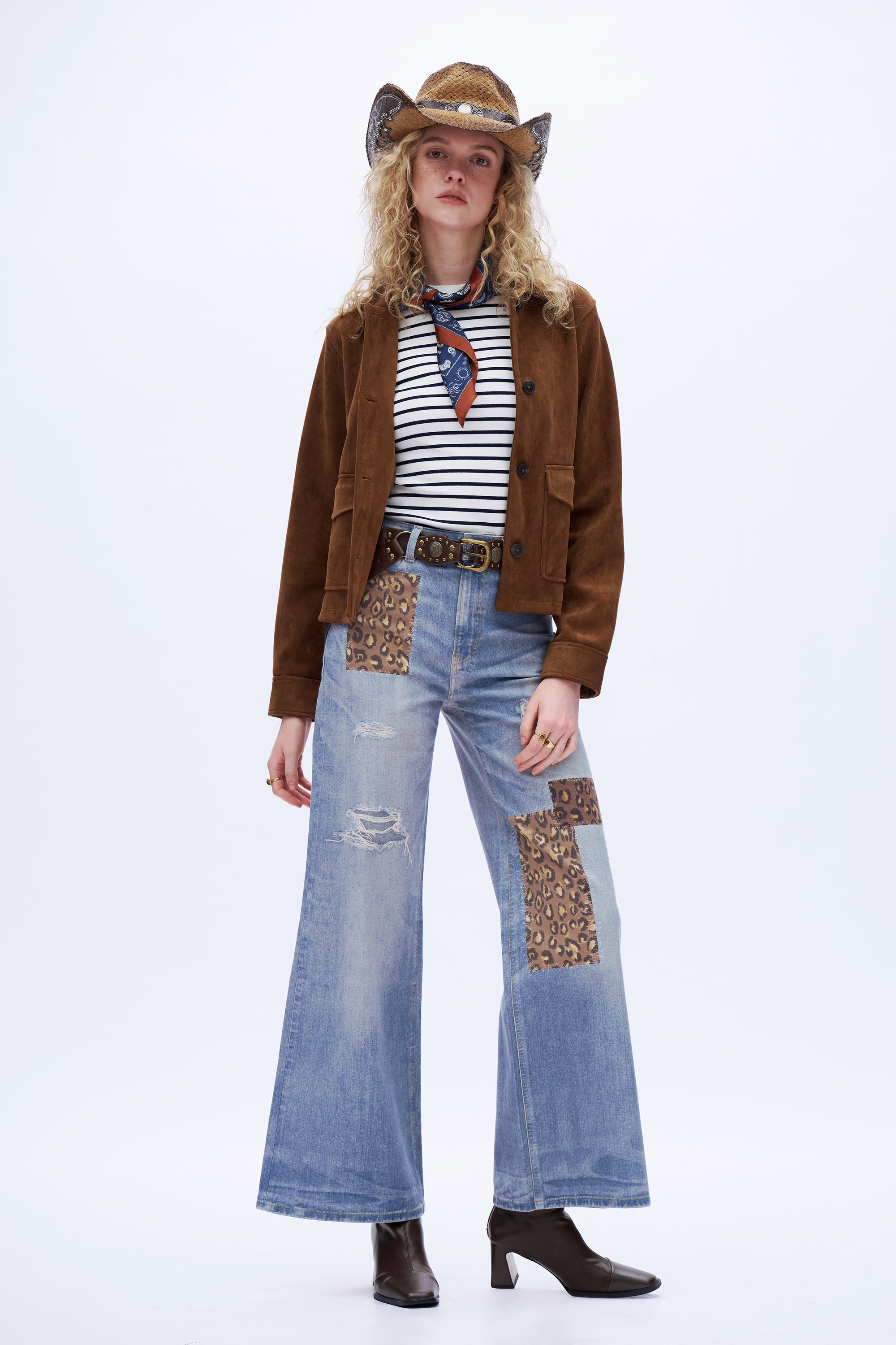 Patchwork Wide-Leg Jeans - Light Blue