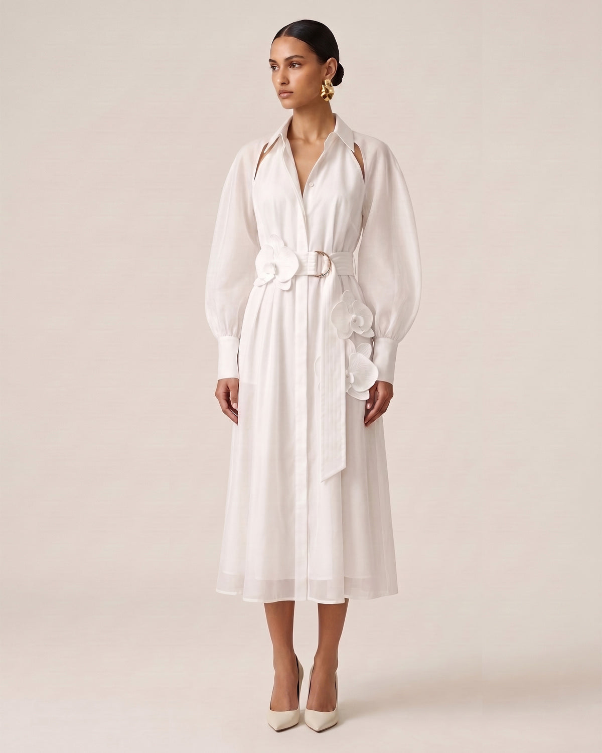 Orchid Embellished Cold-Shoulder Midi Shirt Dress - Off White