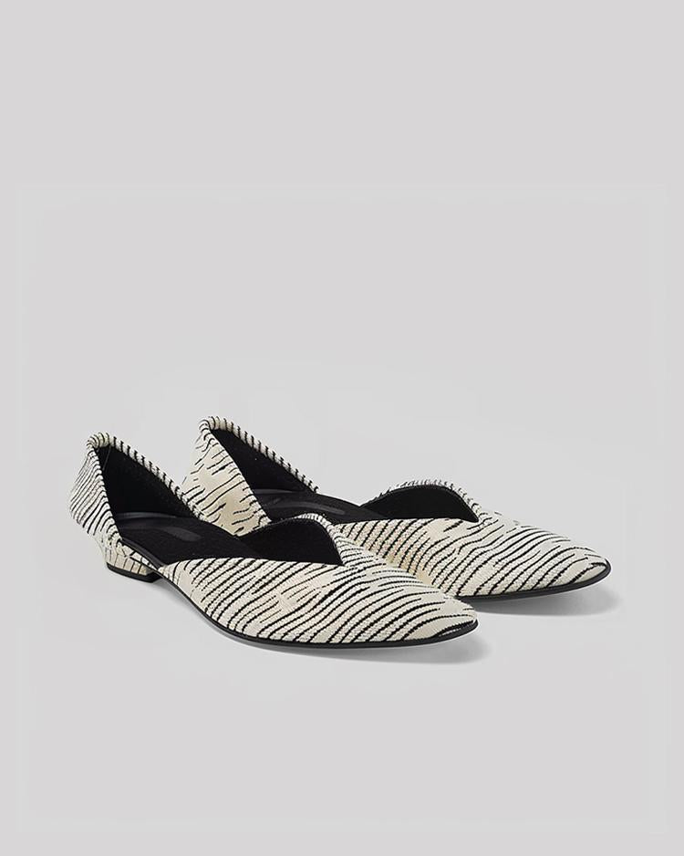 Pointed Toe Stripes Knit Flats-White