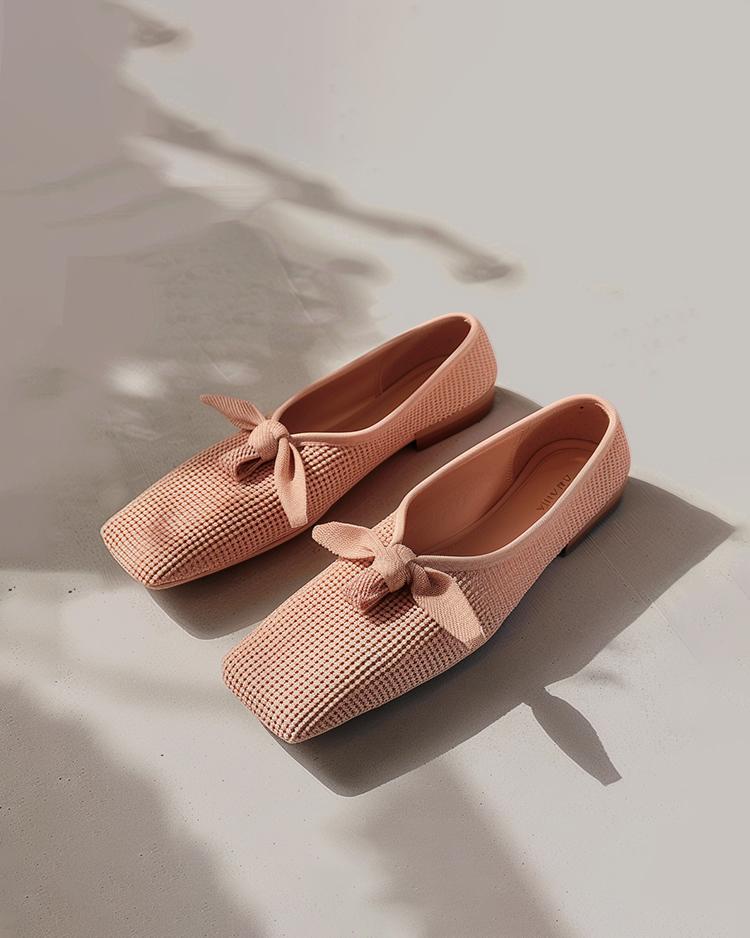 Square Toe Knit Flats-Apricot pink