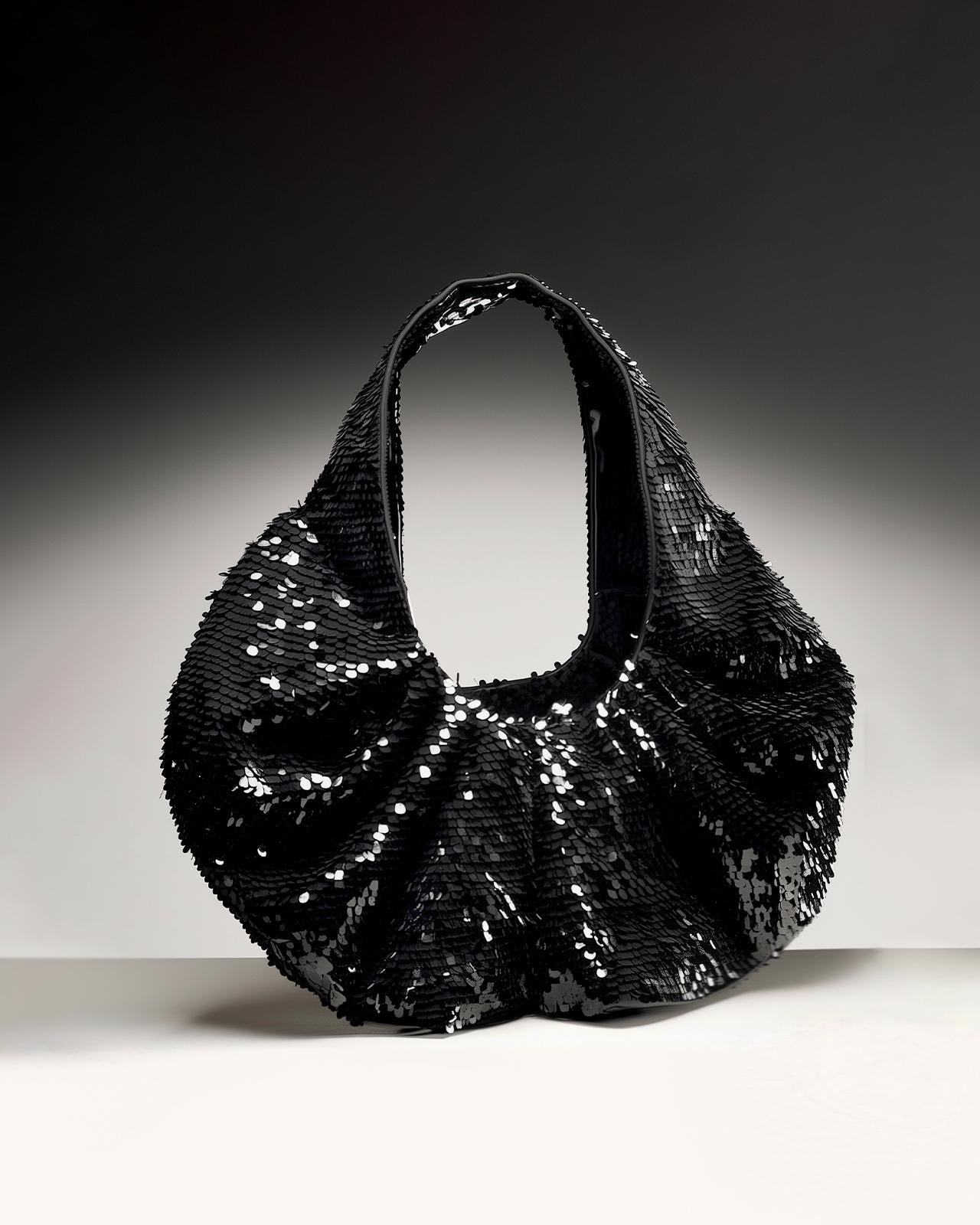 Black sequin pleated top handbag