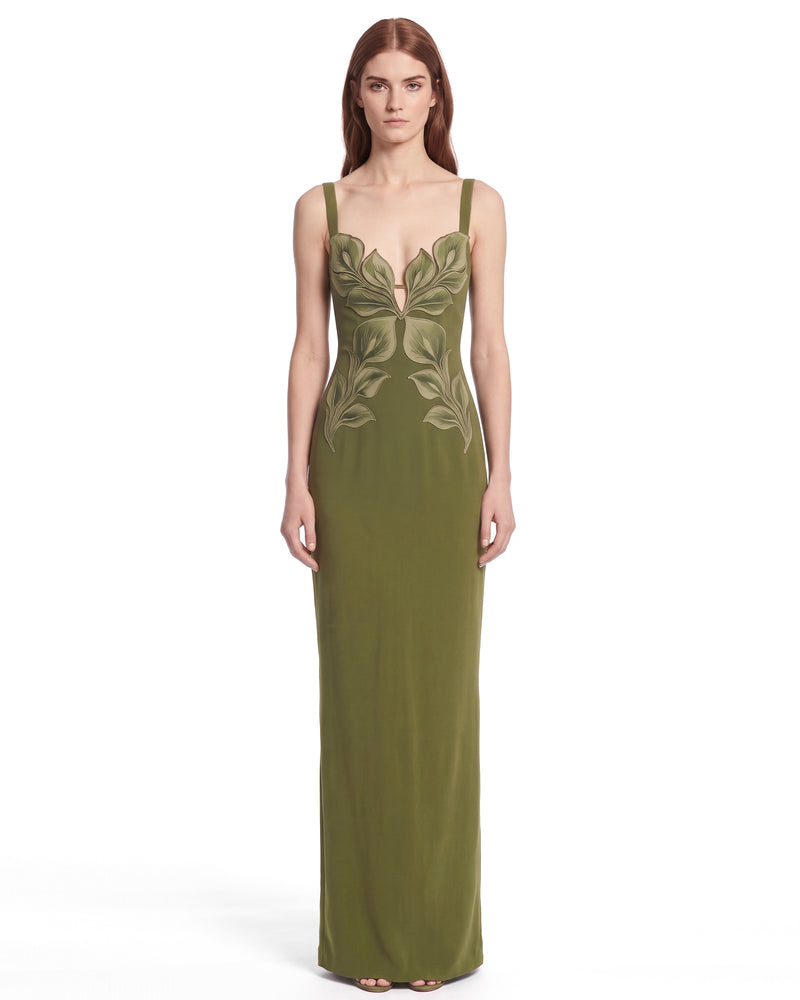 3D Leaf Strappy Column Maxi Dress - Olive Green