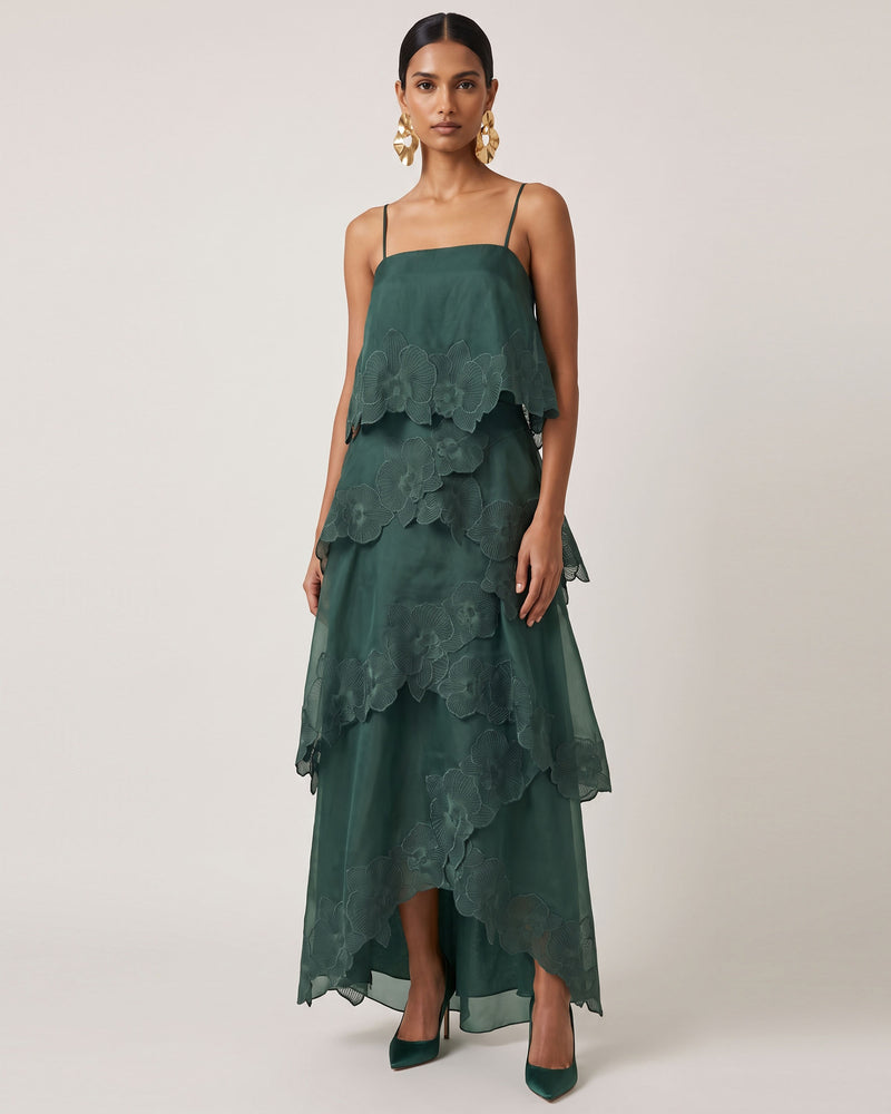Orchid Embroidered Layered Maxi Dress - Dark Green