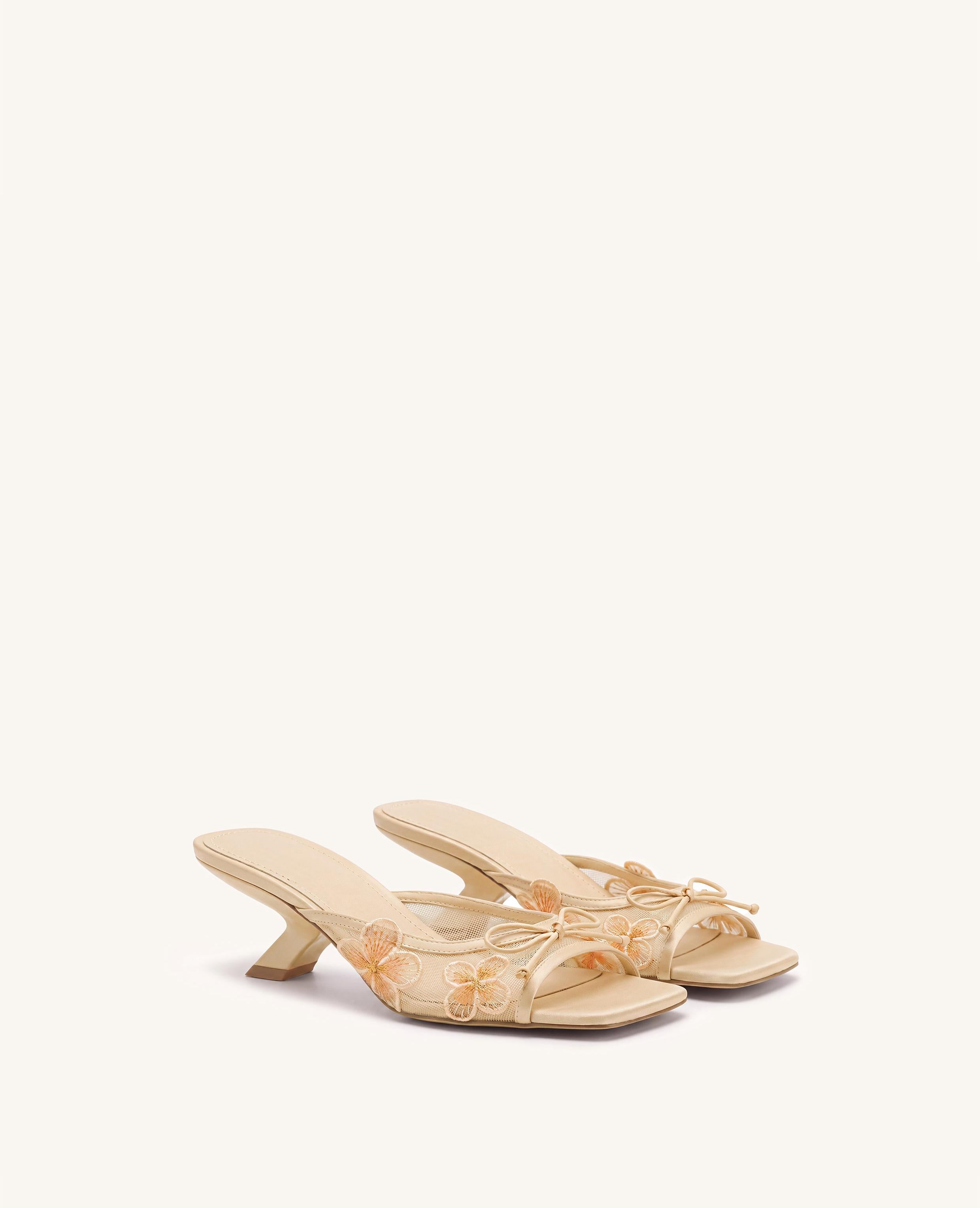 Mireille Bow Floral Embroidered Appliqué Mesh Heeled Sandals - Apricot