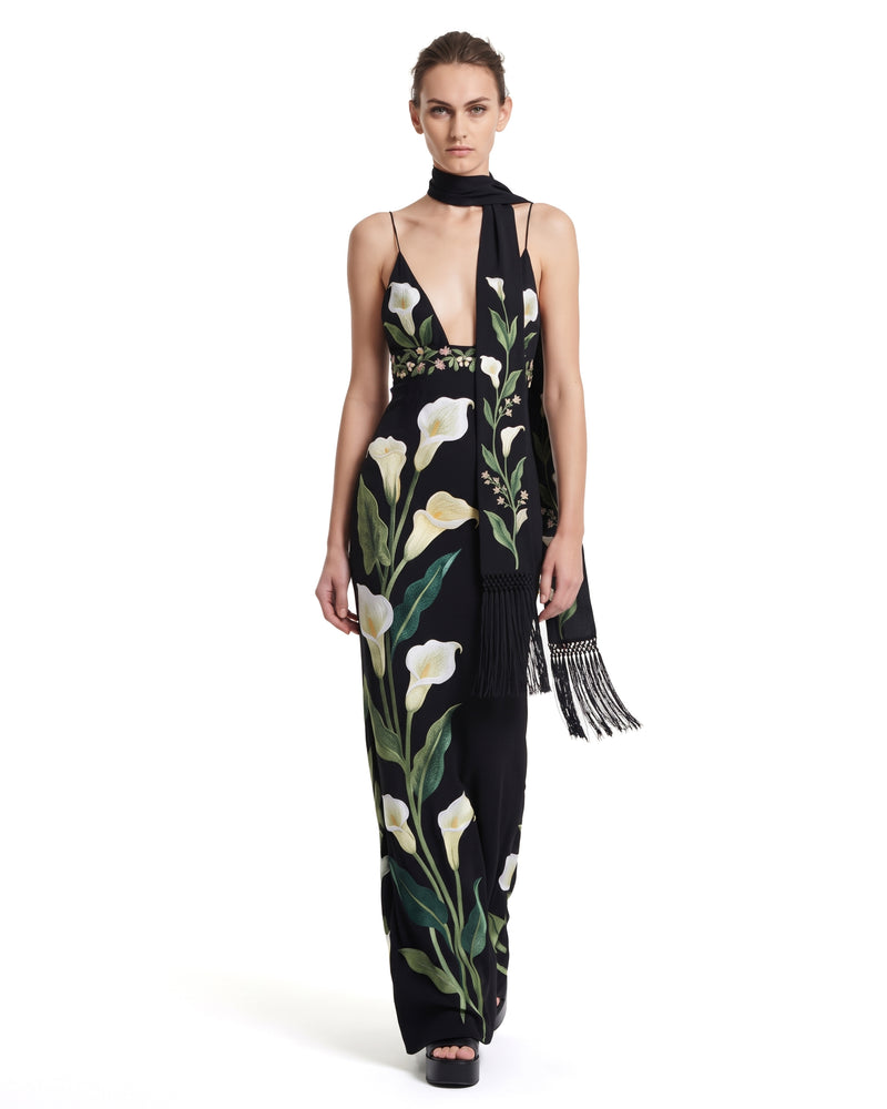 Calla Lily Printed Scarf V-Neck Cami Maxi Dress - Black