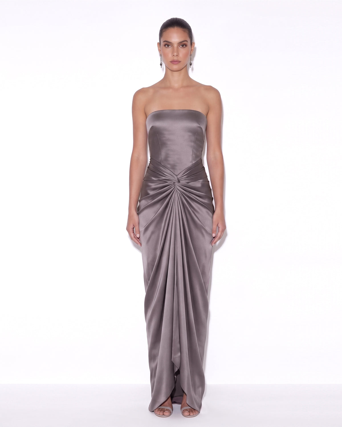 Satin Strapless Ruched Draped Maxi Dress - Mauve