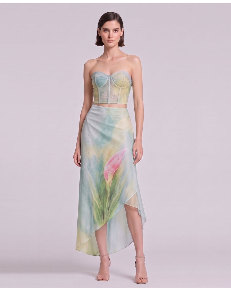 Calla Lily Asymmetric Mesh Midi Skirt - Light Blue