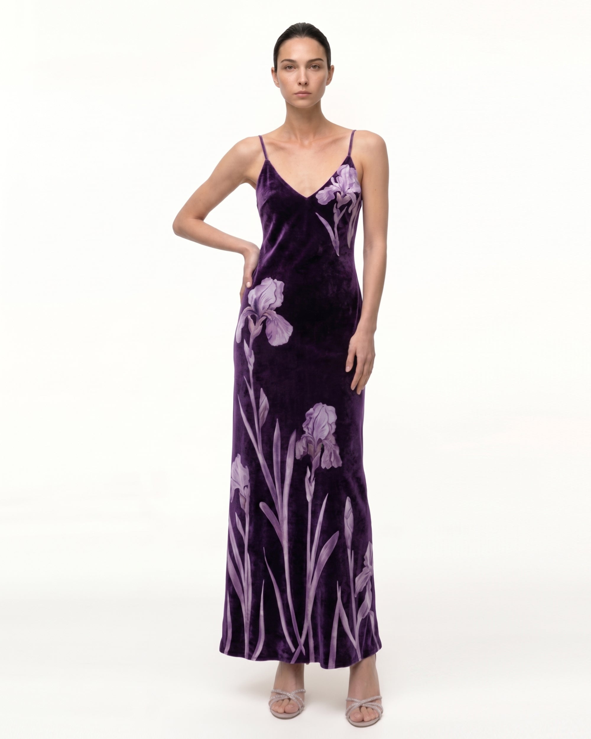 Velvet Iris Print Spaghetti Strap Maxi Dress - Deep Purple