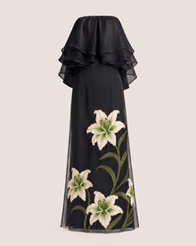 Lily Embroidered Layered Ruffle Strapless Maxi Dress - Black