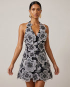 Floral Embroidered Plunge Halter Mini Dress - Black