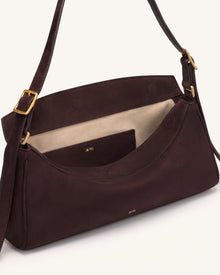 Elowen Faux Suede East-West Shoulder Bag - Dark Brown