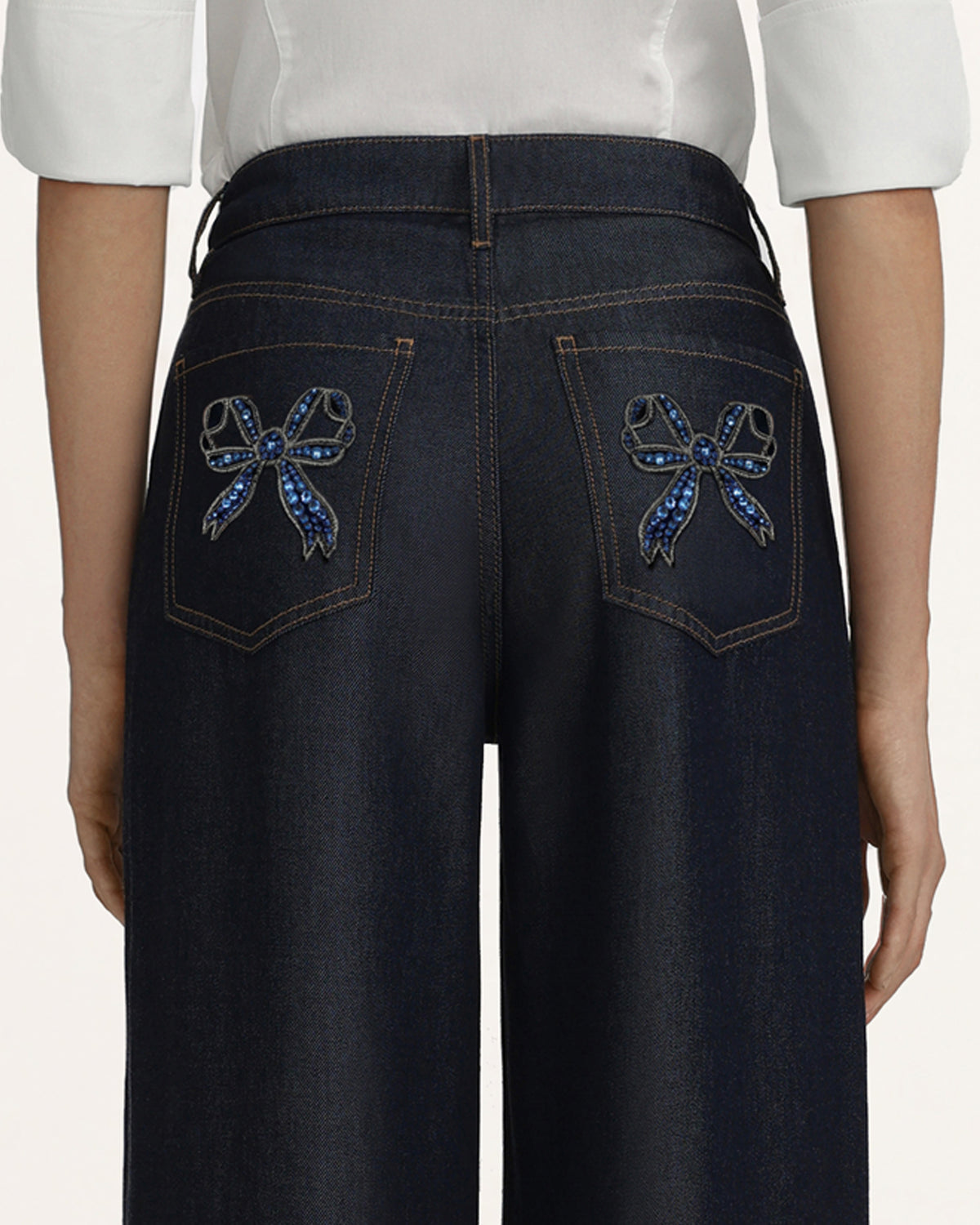 Rear Rhinestone Bow Wide Leg Jeans - Deep Thoughts Only