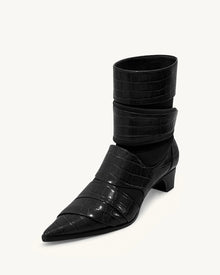 Emily Croc-Embossed Strap Ankle Boots - Black