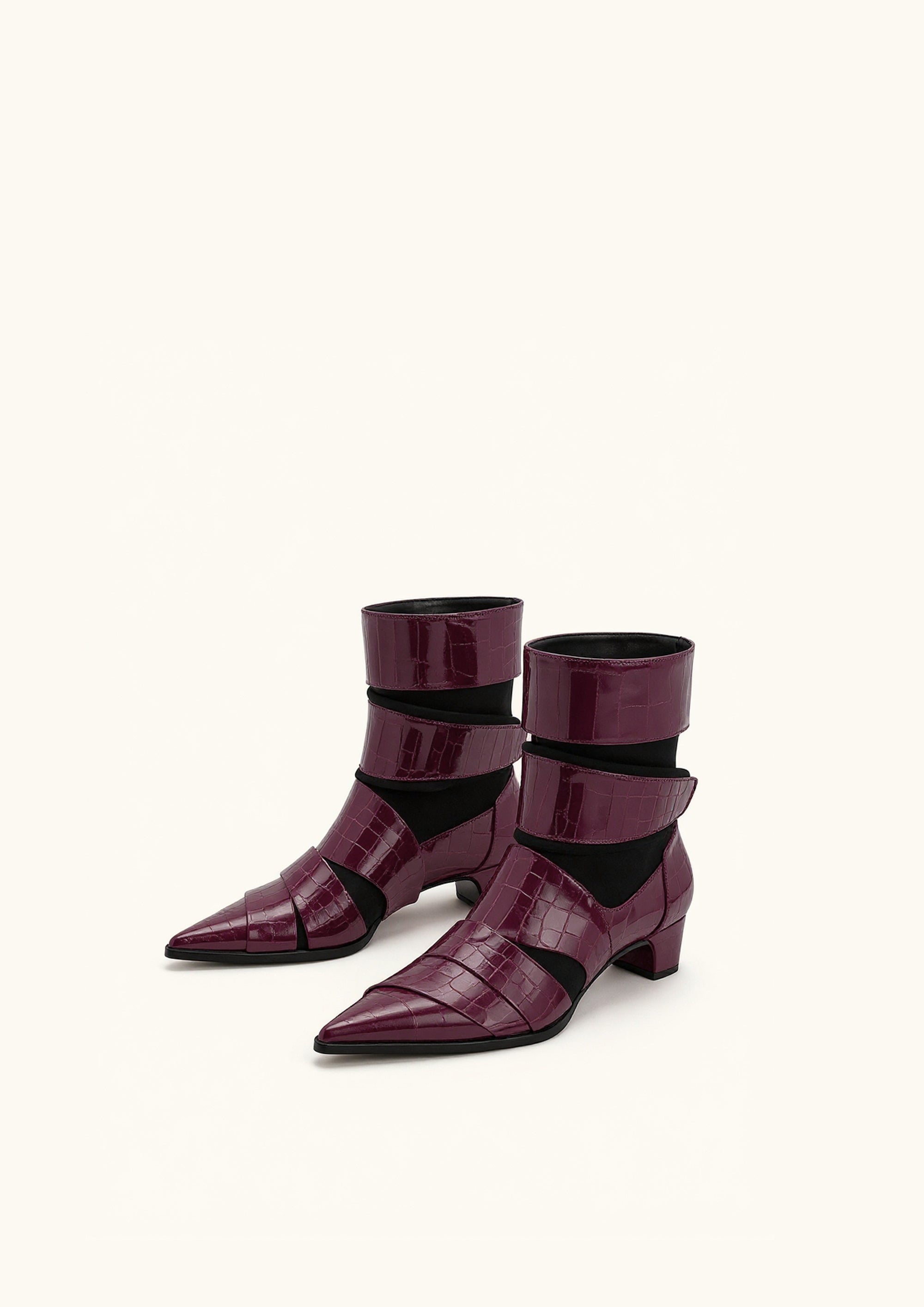 Emily Croc-Embossed Strap Ankle Boots - Burgundy