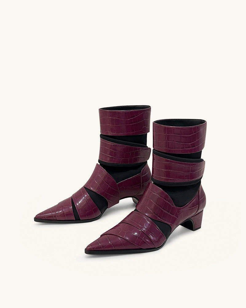 Emily Croc-Embossed Strap Ankle Boots - Burgundy