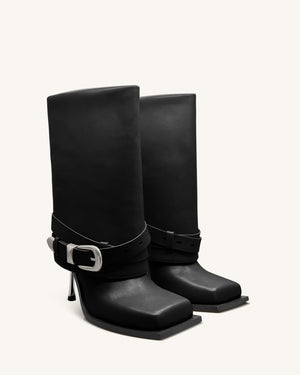 Emilia Western Buckled Leather Stiletto Boots - Black