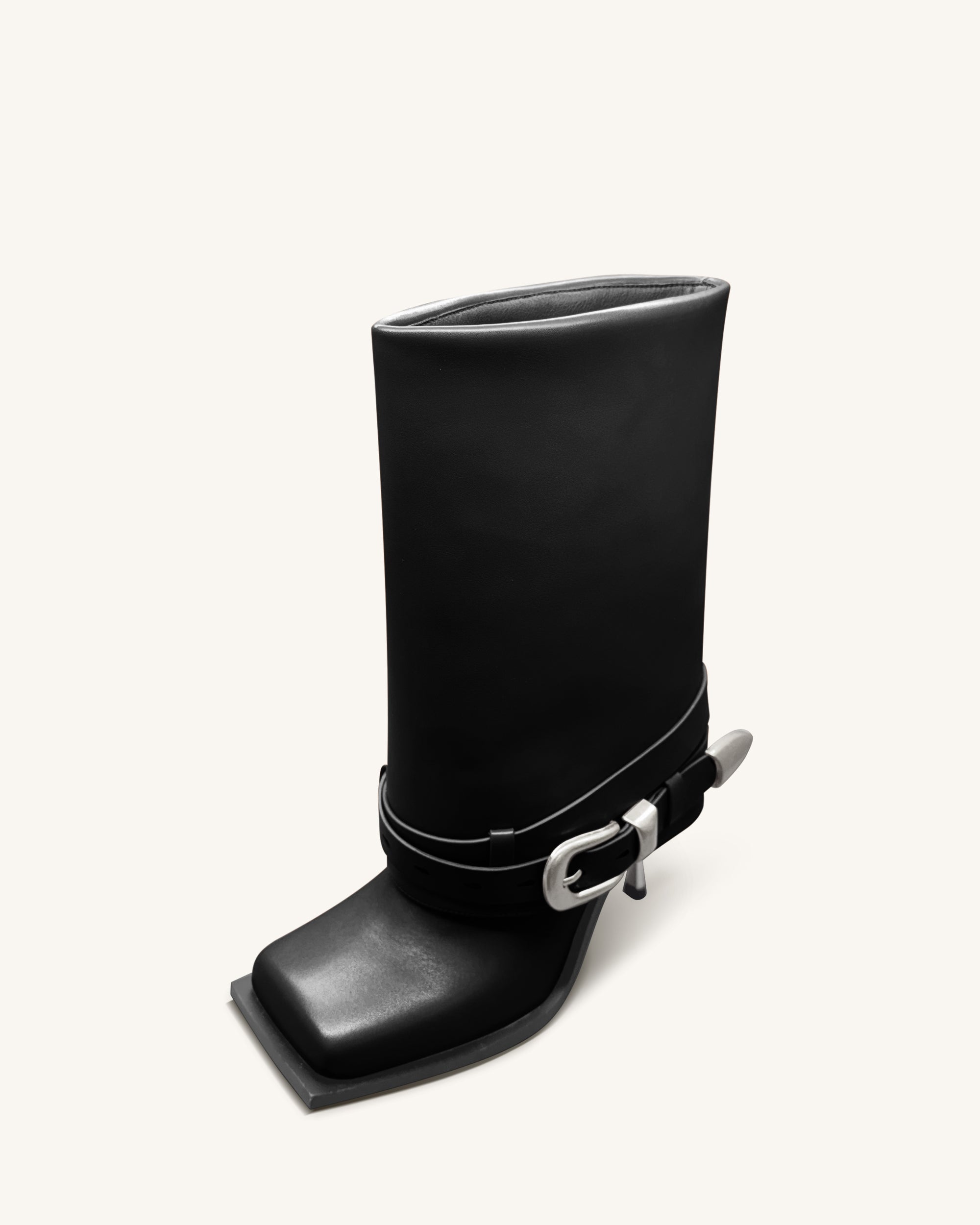 Emilia Western Buckled Leather Stiletto Boots - Black