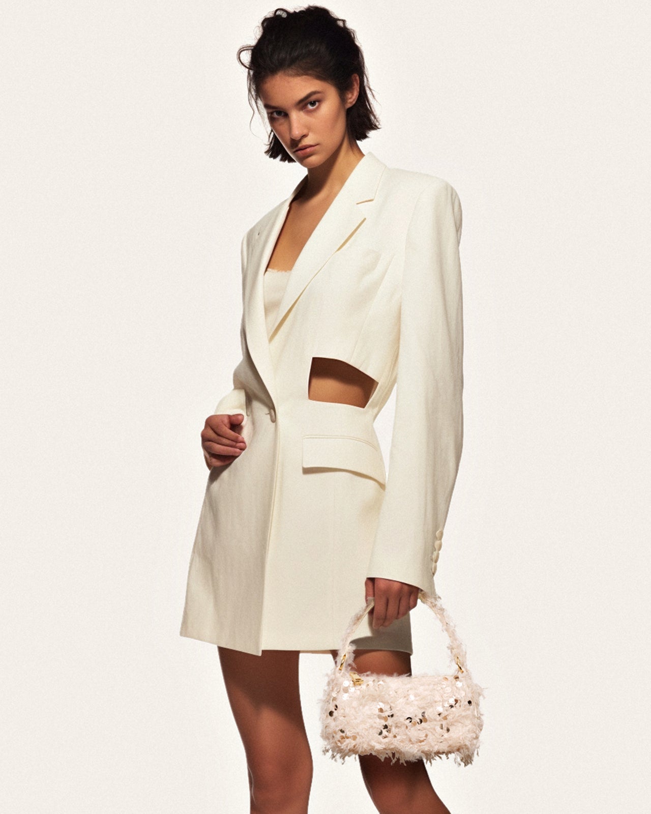 Eva Faux Fur And Sequin Mini Shoulder Bag - Beige