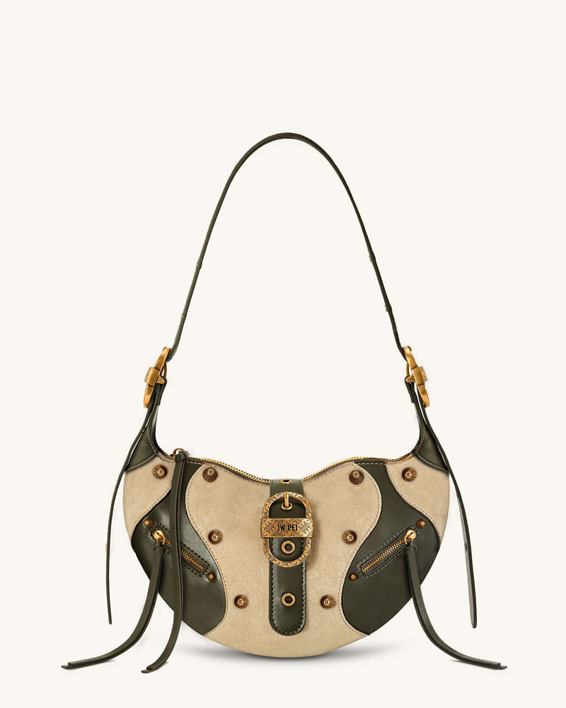 Tessa Faux Suede Studded Shoulder Bag - Khaki Green