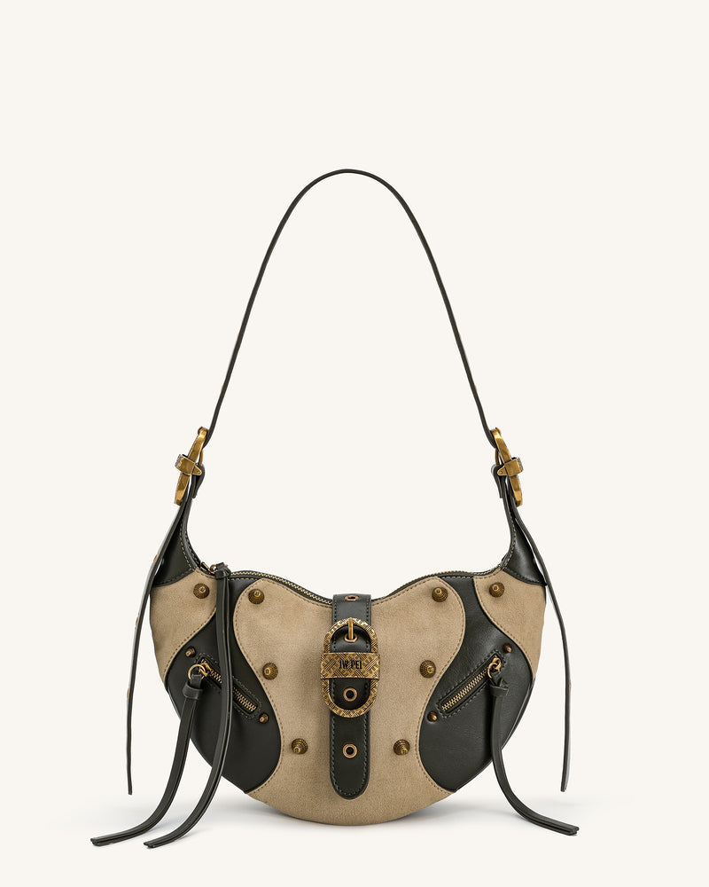 Tessa Faux Suede Studded Shoulder Bag - Khaki Green