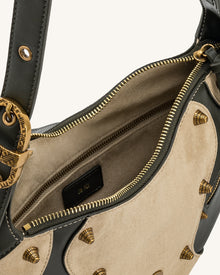 Tessa Faux Suede Studded Shoulder Bag - Khaki Green