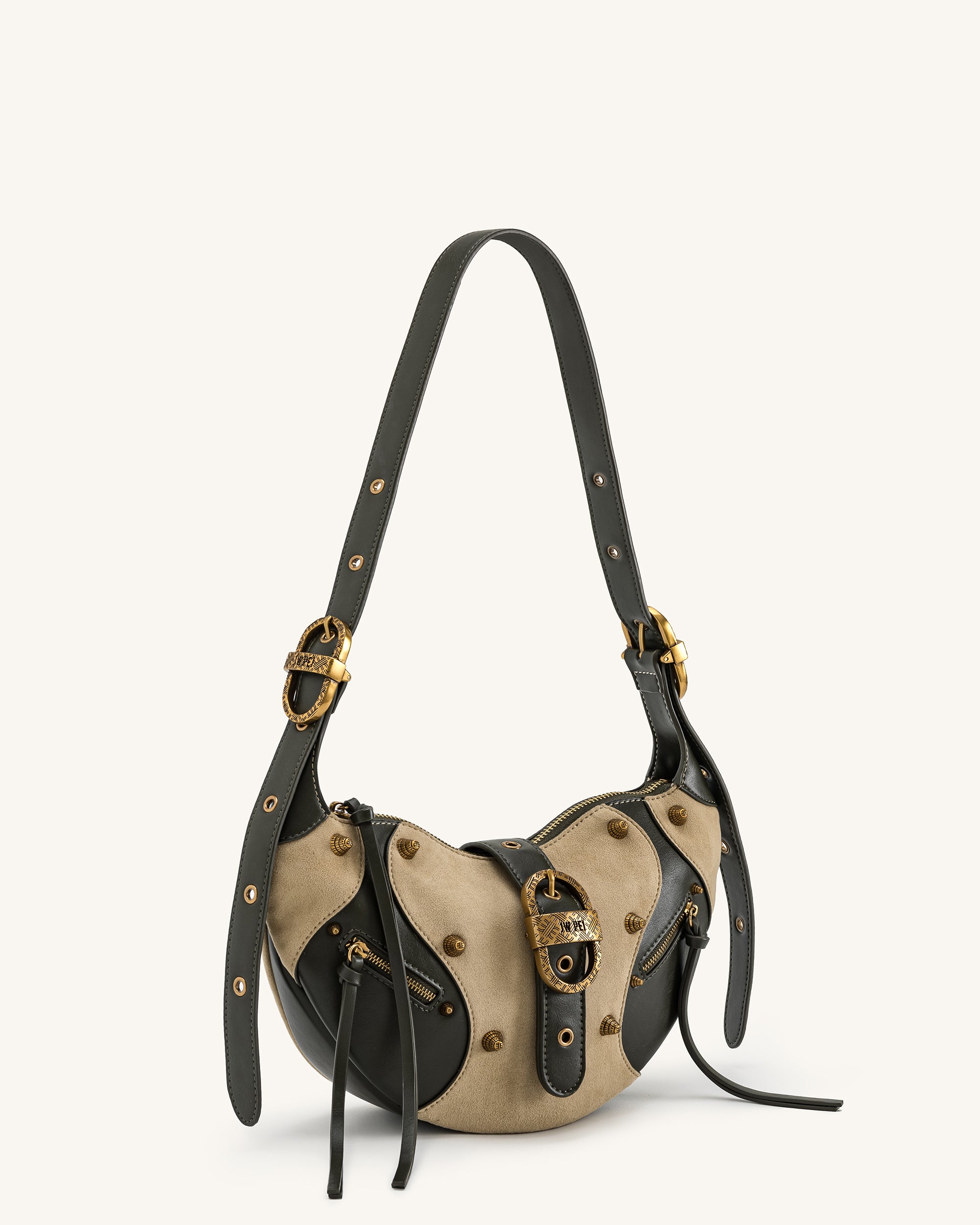 Tessa Faux Suede Studded Shoulder Bag - Khaki Green | JW PEI