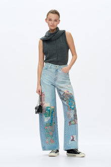 Patchwork Denim Jeans - Light Blue