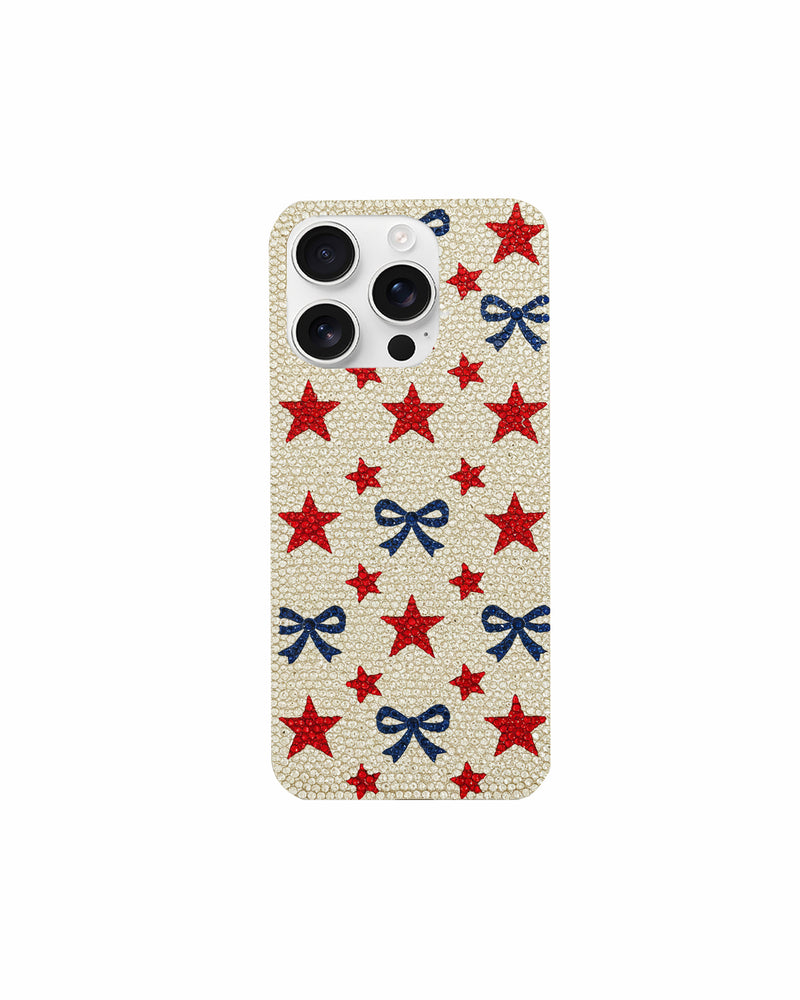 Red Star & Blue Bow Artificial Crystal Phone Case – White