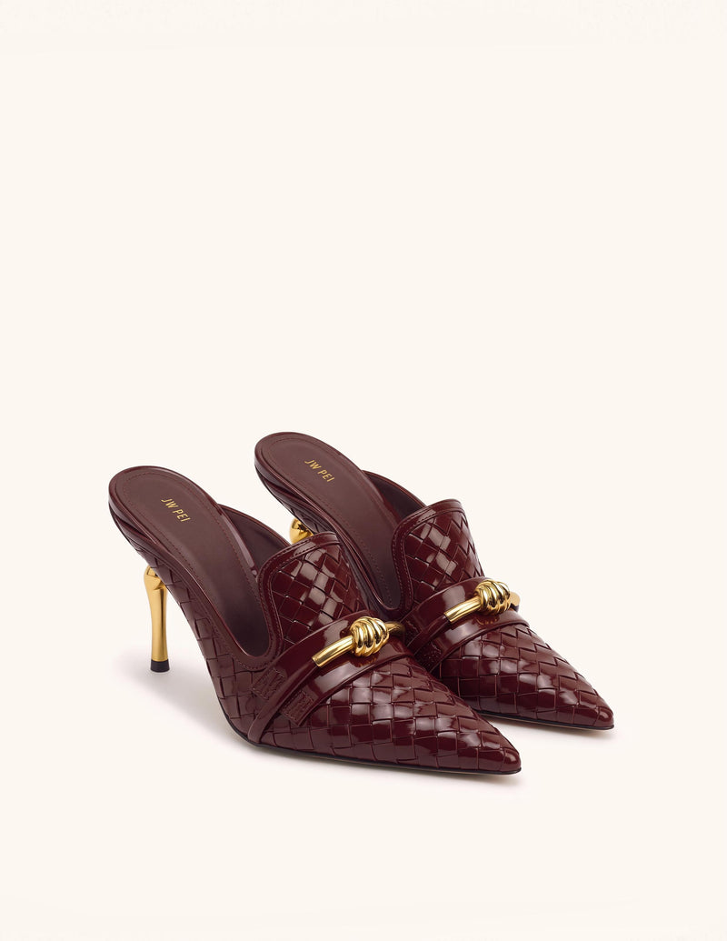 Lena Metal Rope Knot Woven Pointed Toe Mules - Burgundy