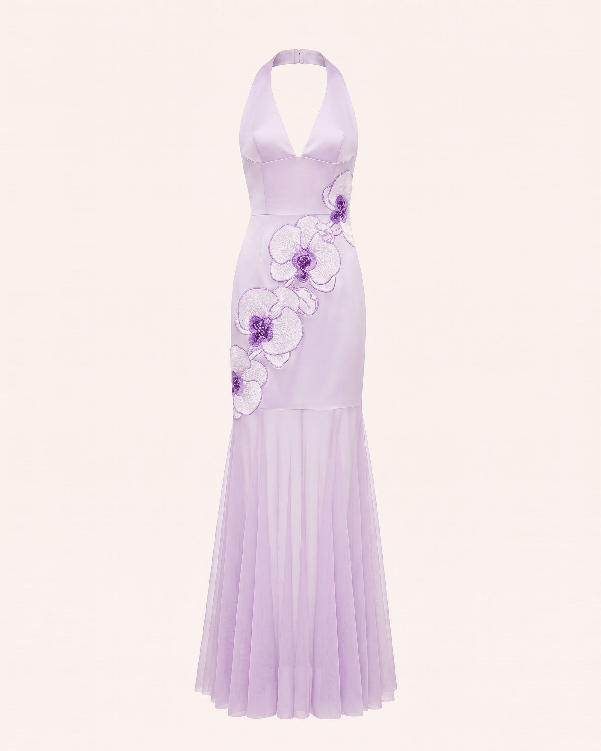 Orchid Embroidered Sheer Hem Halter Maxi Dress - Lanvender