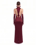 Satin Mock-Neck Floral Applique Open-Back Maxi Dress - Burgundy