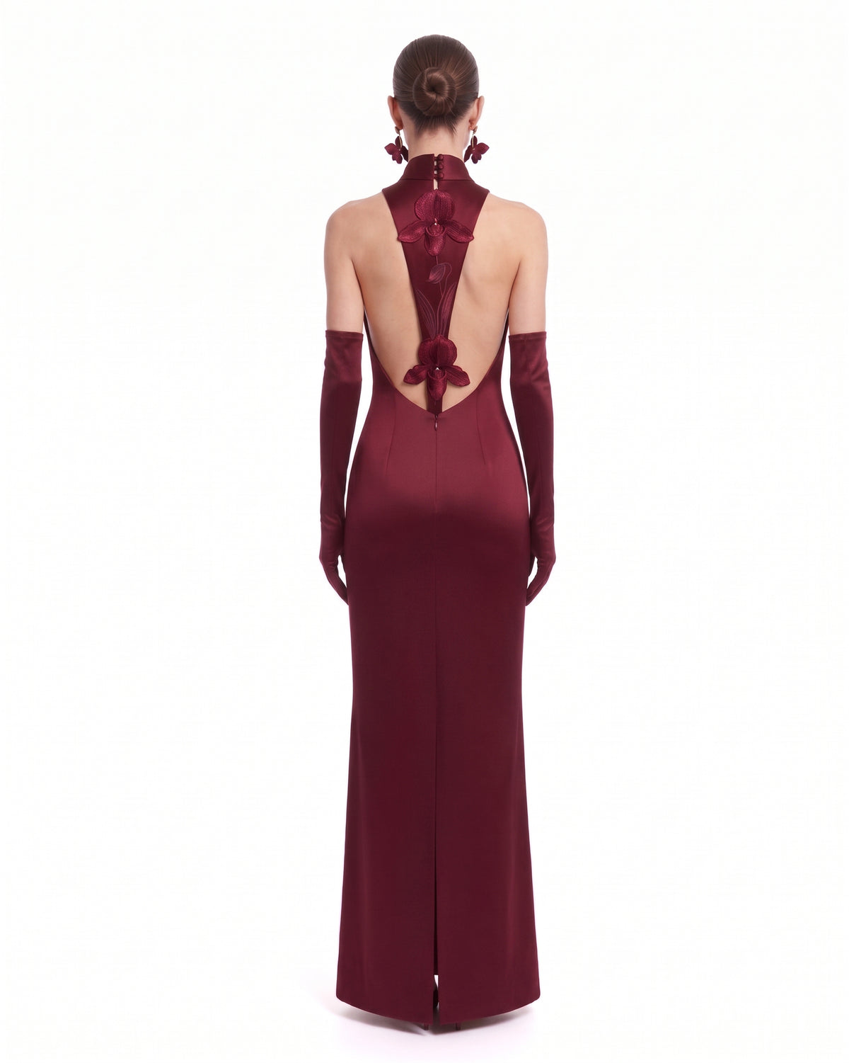 Satin Mock-Neck Floral Applique Open-Back Maxi Dress - Burgundy