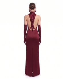 Satin Mock-Neck Floral Applique Open-Back Maxi Dress - Burgundy