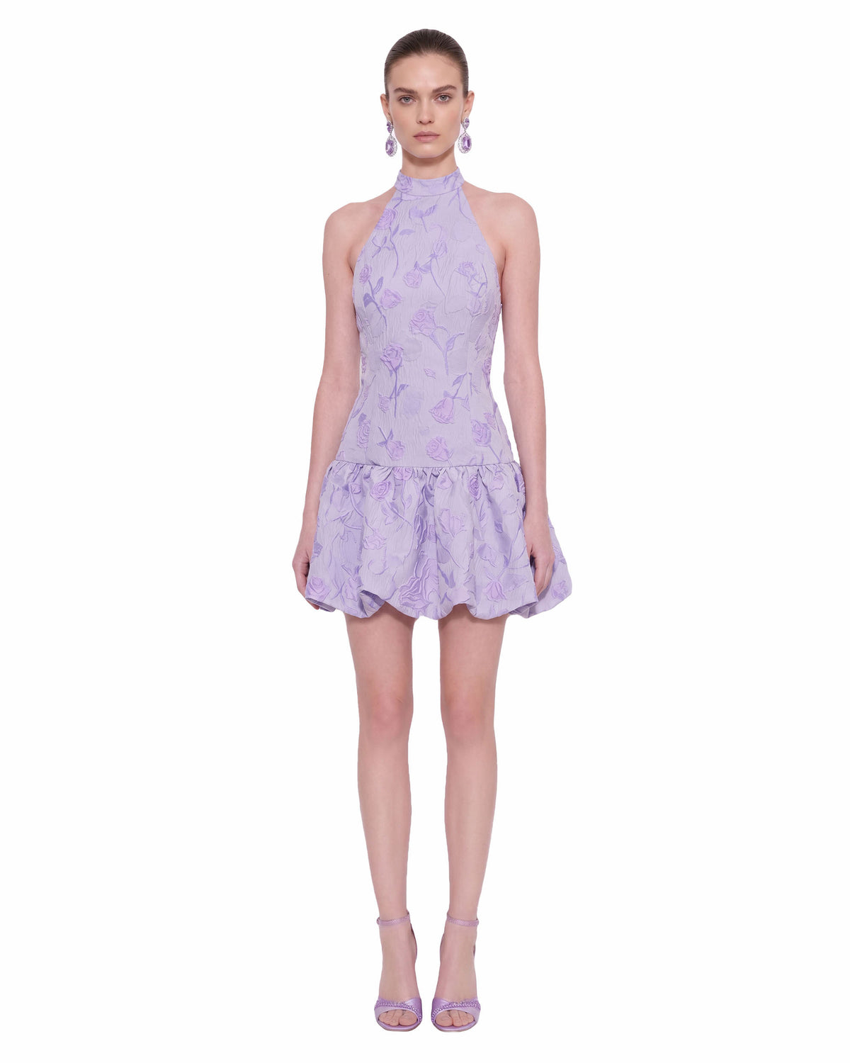 Floral Jacquard Halter Drop-Waist Bubble Mini Dress - Lilac