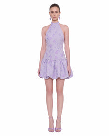Floral Jacquard Halter Drop-Waist Bubble Mini Dress - Lilac