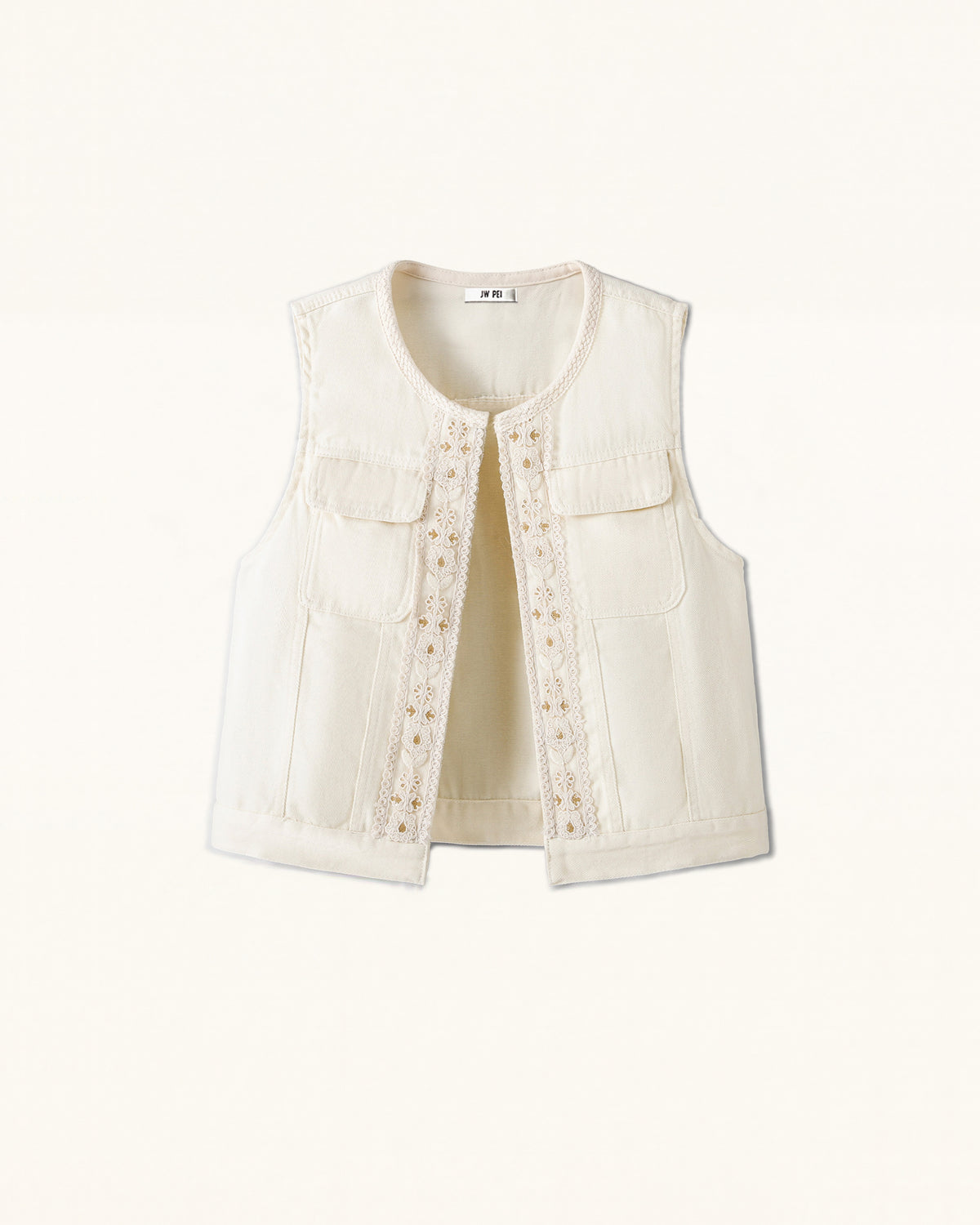 Enchanted Floral Braided Denim Vest - Cream White