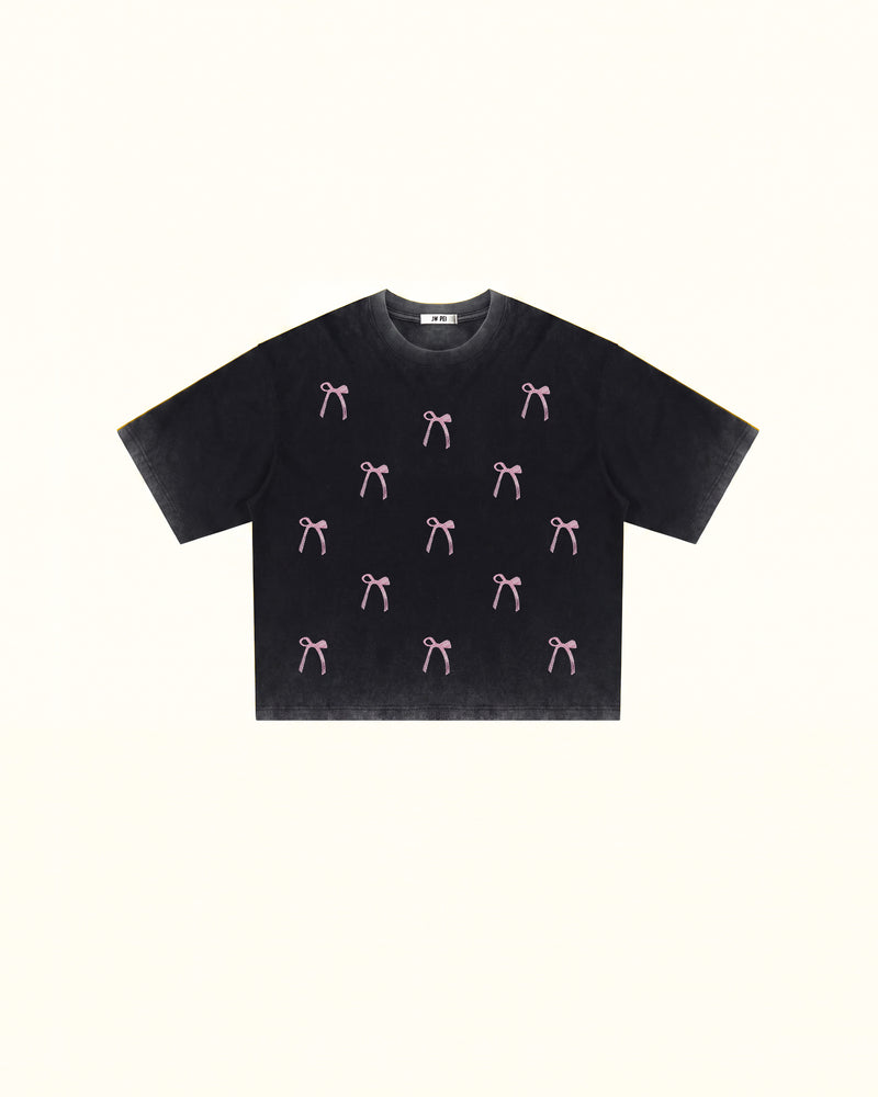 Cherish Crystal Bow Boxy Tee - Faded Black