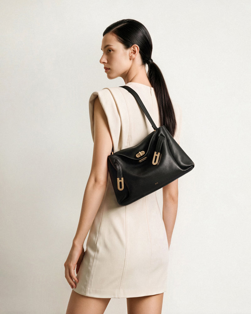 Rhea Pebbled Double Buckle Shoulder Bag - Black