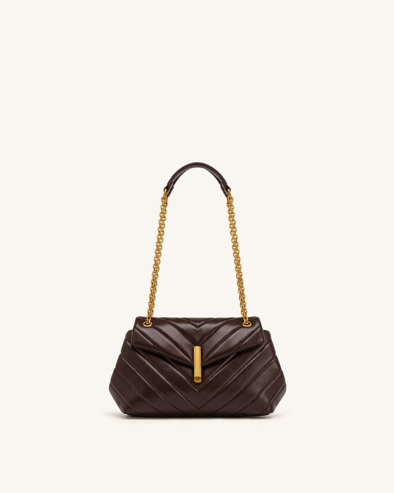Valerie Quilted Chain Flap Shoulder Bag - Dark Brown