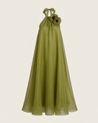 Poppy Embroidered Halter Neck Detail A-Line Midi Dress - Olive Green