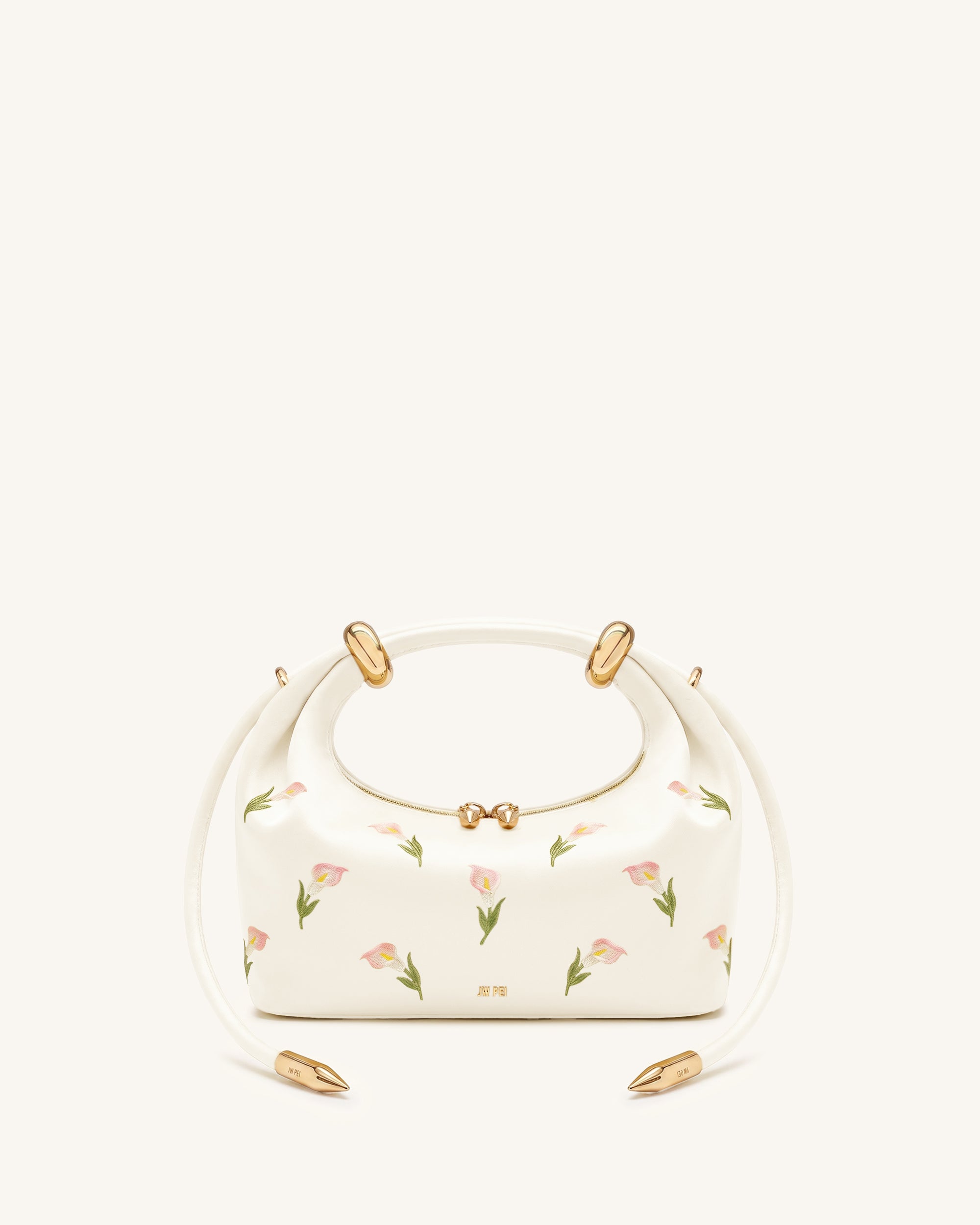 Ellie Satin Finish Embroidered Metal Ring Embellished Top Handle Bag - Ivory