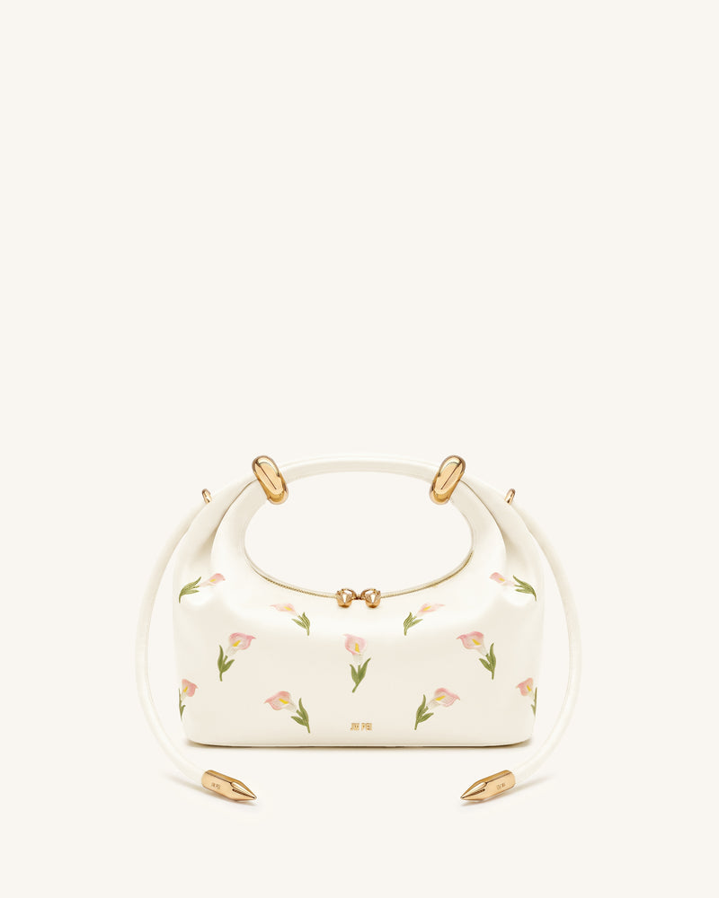Ellie Satin Finish Embroidered Metal Ring Embellished Top Handle Bag - Ivory
