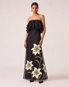 Lily Embroidered Layered Ruffle Strapless Maxi Dress - Black