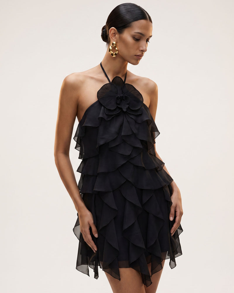 Orchid Embroidered Ruffle Halter Mini Dress - Black