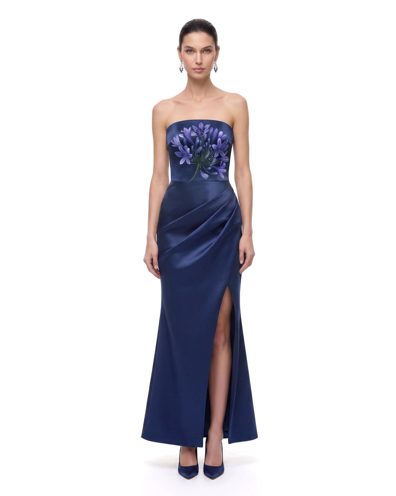Floral Print Beaded Strapless Draped Slit Maxi Dress - Navy