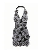 Floral Embroidered Fitted Halter Mini Dress - Black